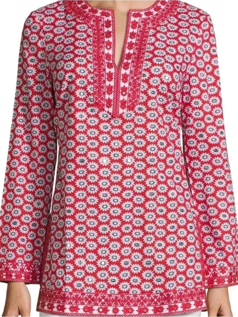 Tory Burch Jayne Nantucket Red Daisy Floral Long Sleeve Tunic Top Size 2